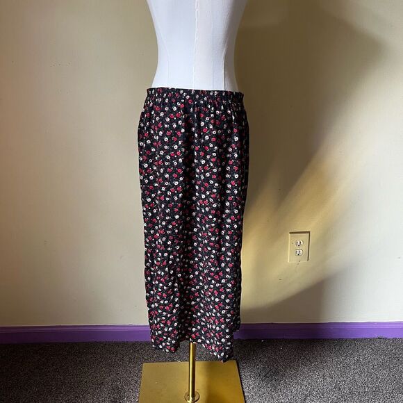 Vintage 90s Black Floral Midi Skirt Elastic Waist W/ Pockets Made in USA Medium - Picture 3 of 6